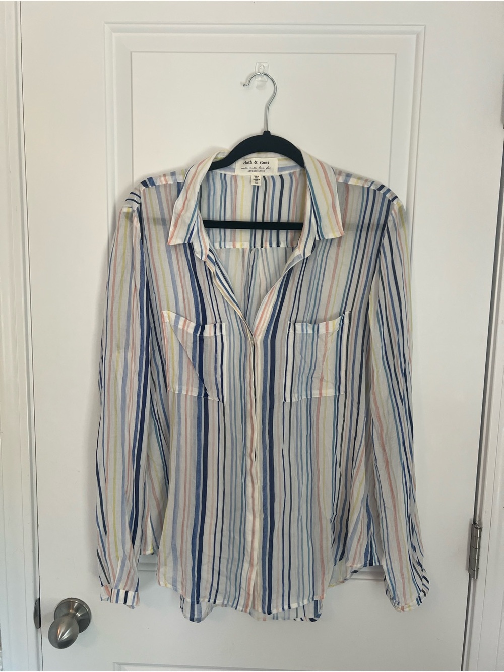 Anthropologie Striped Button-Down Shirt - Blue, Cream, Pink